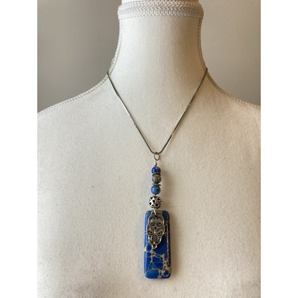 Long Blue Rectangle Pendant Necklace Southwest Bohemian Silver Tone Artisan‎